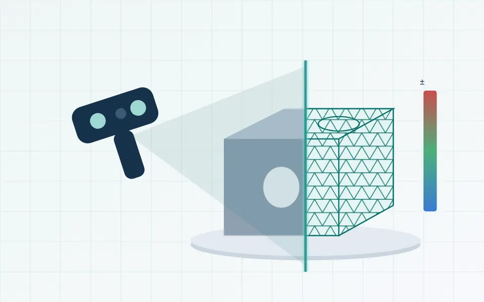 Illustration of a machined block being 3D scanned, with a colour scale used for comparing against CAD